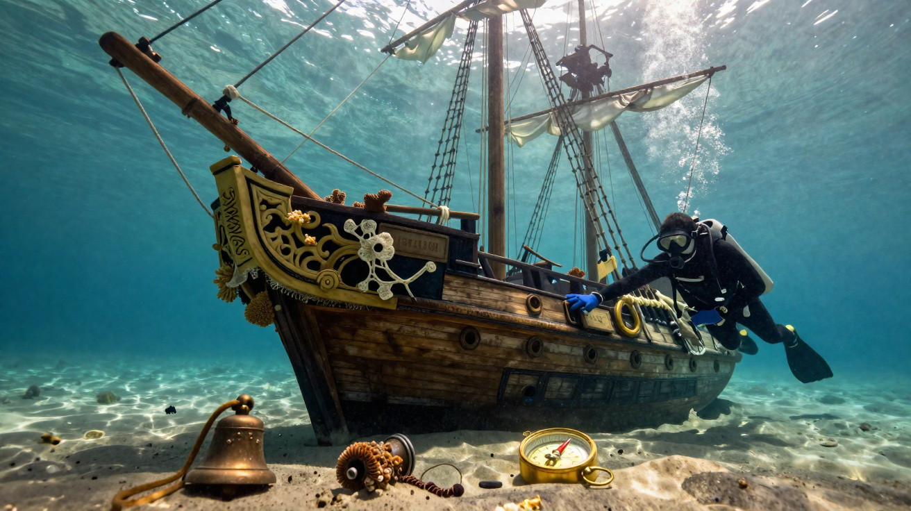 Taucher erkundet ein versunkenes Piratenschiff mit Glocke und Kompass auf dem Meeresboden.
