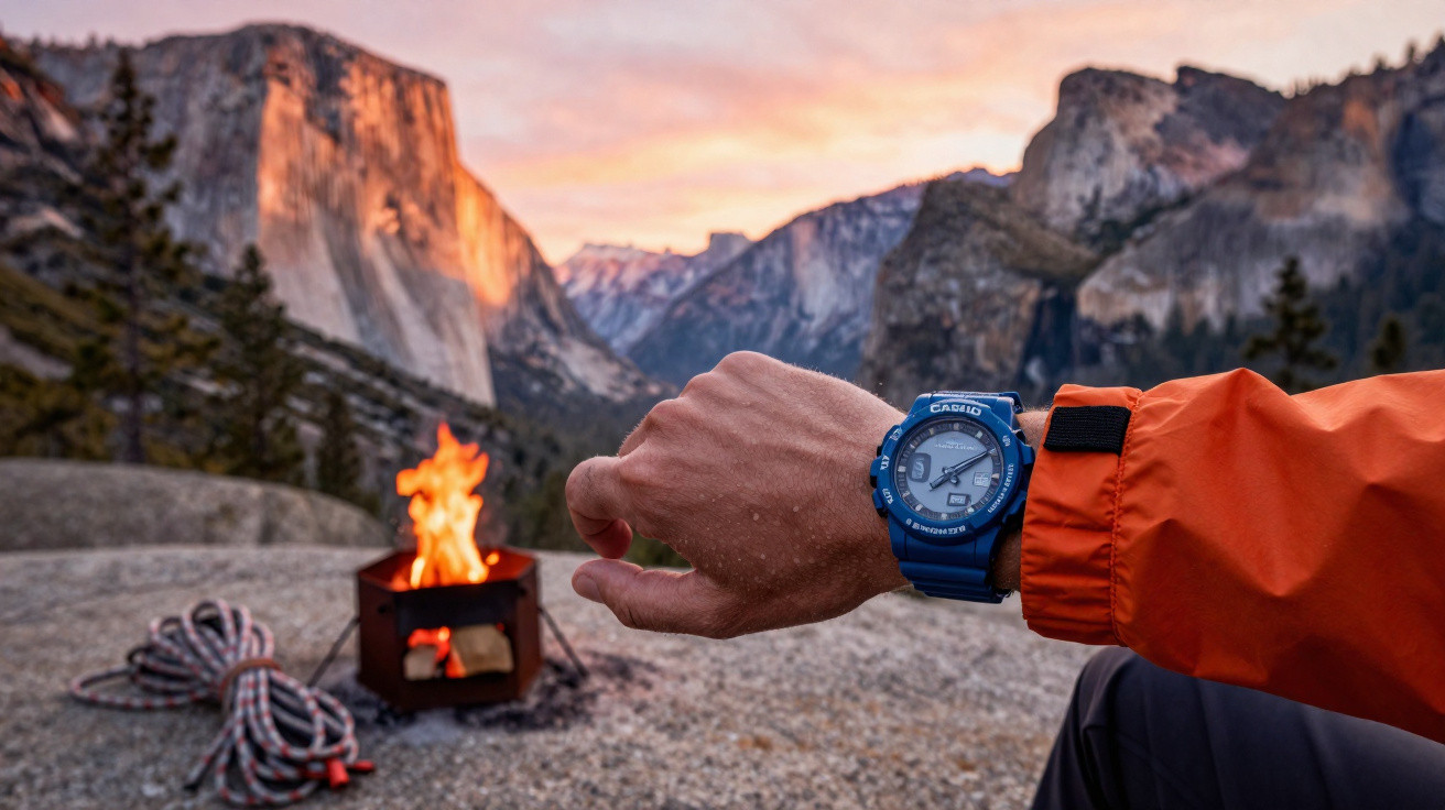 Hand mit blauer Casio-Uhr vor Berglandschaft mit Lagerfeuer und Kletterseil bei Sonnenuntergang.