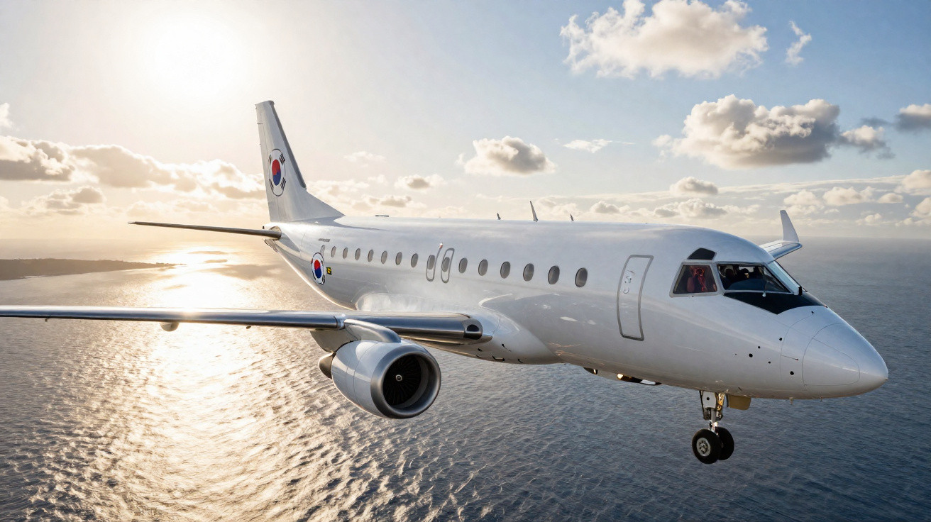Weißes Passagierflugzeug fliegt bei Sonnenuntergang über das Meer mit leicht bewölktem Himmel.
