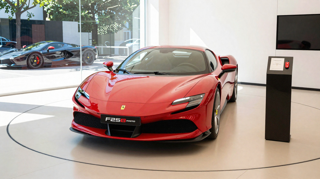Roter Ferrari F256 Sport vor Glasfront in einem modernen Autohaus bei Tageslicht.