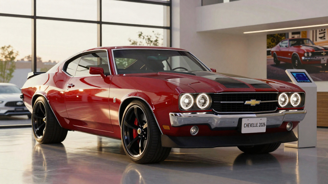 Roter Chevrolet Chevelle 2026 Oldtimer mit schwarzen Felgen in modernem Ausstellungsraum stehend