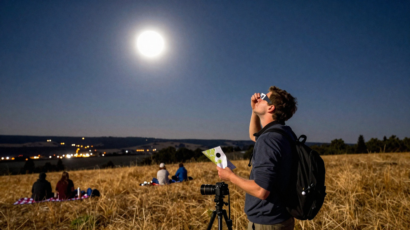 Mann mit Fernglas beobachtet Mondfinsternis auf Feld, andere Menschen sitzen auf Decken im Hintergrund.