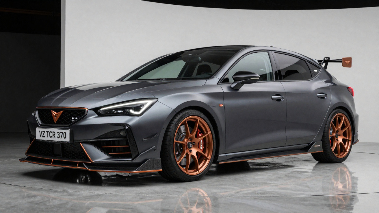 Sportlicher grauer Cupra Leon mit kupferfarbenen Felgen und aerodynamischem Design in Studioaufnahme.