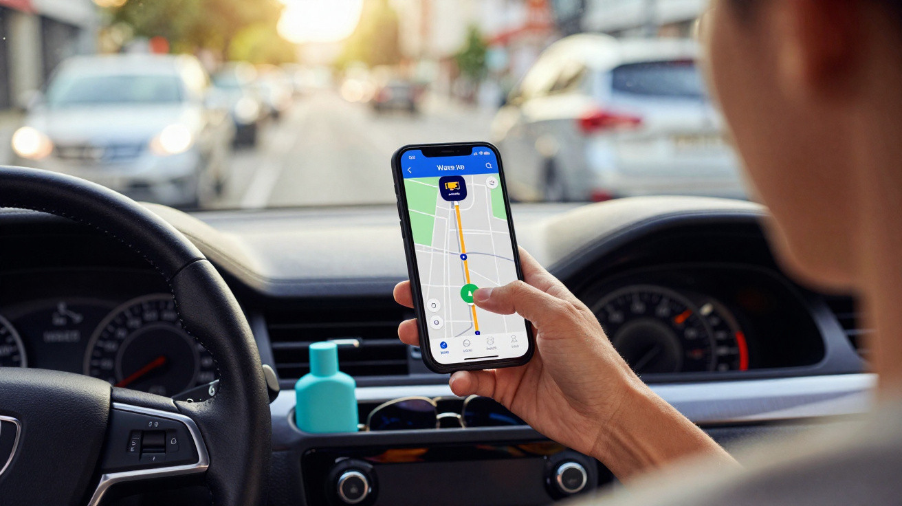 Person nutzt Navigations-App auf Smartphone im Auto bei Tageslicht auf einer Straße mit geparkten Autos.