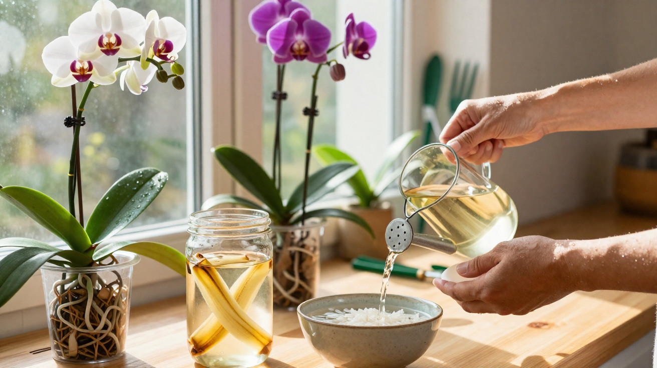 Hand gießt Wasser aus Gießkanne in Schale mit Reis, Orchideen stehen auf Fensterbank im Hintergrund.