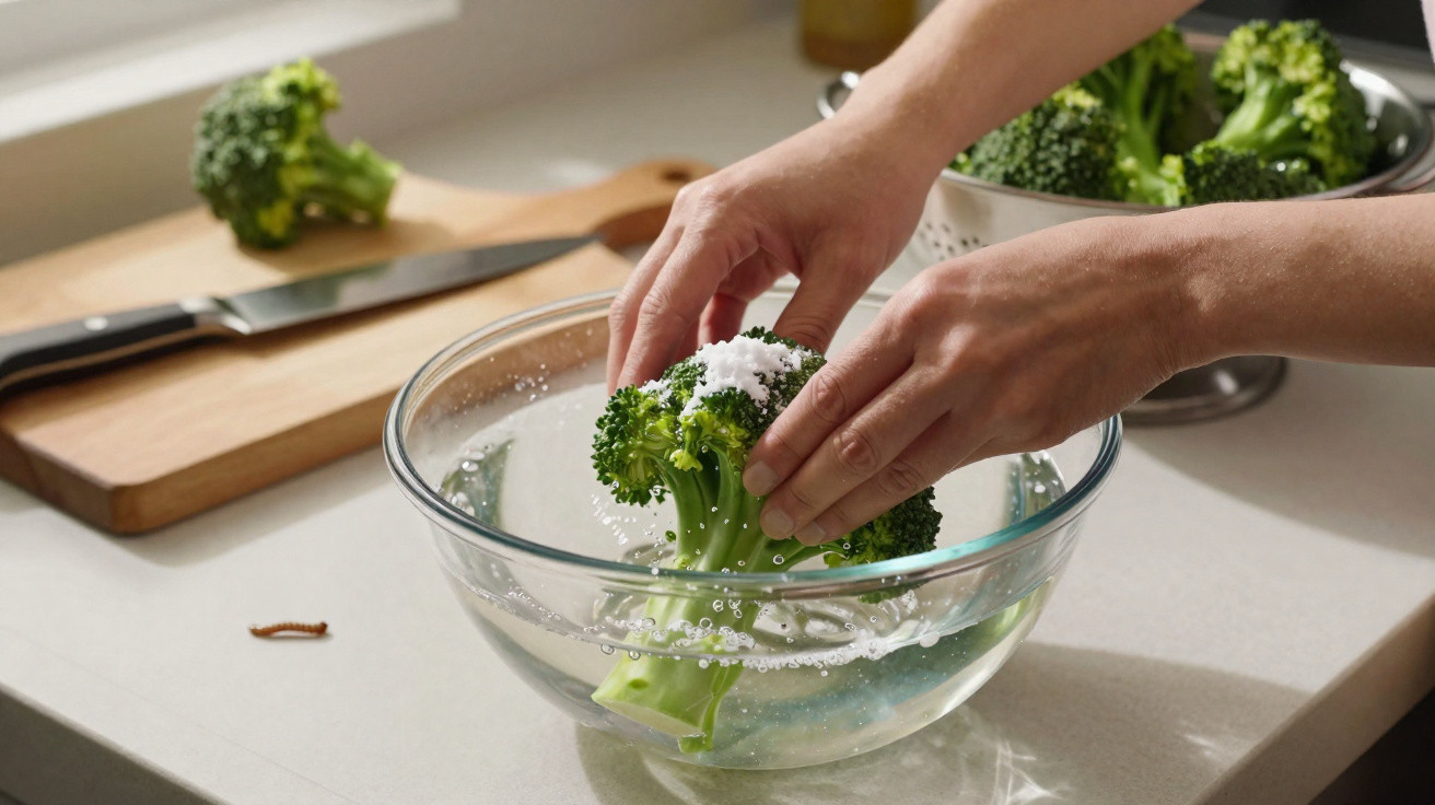 Hände tauchen Brokkoli in eine Glasschüssel mit Wasser und Salz auf einer Küchenarbeitsplatte.
