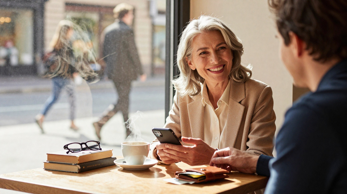 Zwei Personen sitzen in einem Café, eine ältere Frau lächelt und hält ein Smartphone in der Hand.