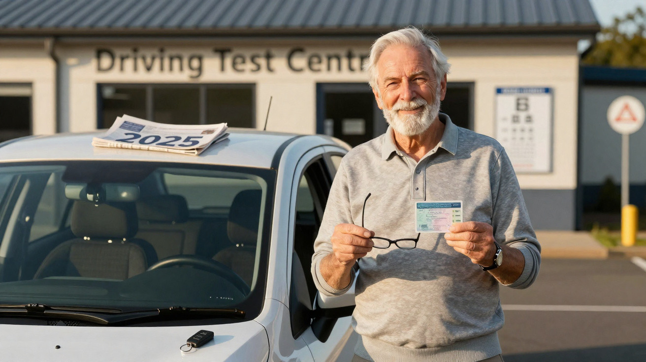 Älterer Mann steht vor Auto bei Fahrschulzentrum und hält Führerschein mit Zeitung 2025 auf dem Autodach.
