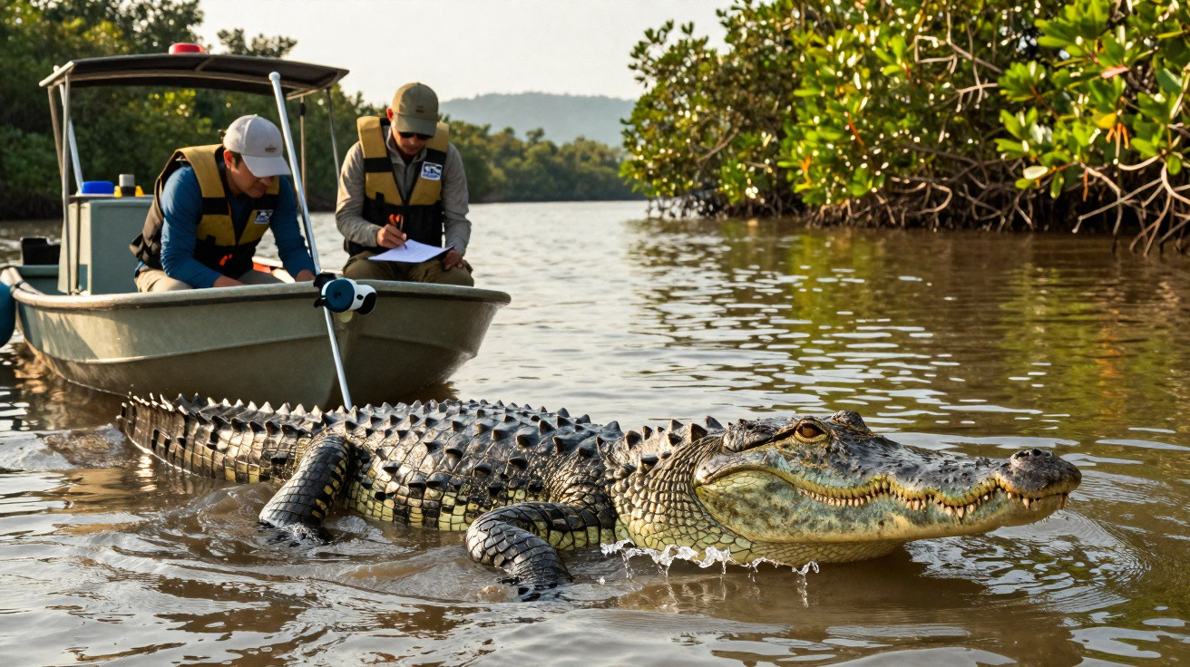 Großer Alligator schwimmt nahe eines Boots mit zwei Personen, die ihn beobachten und notieren.