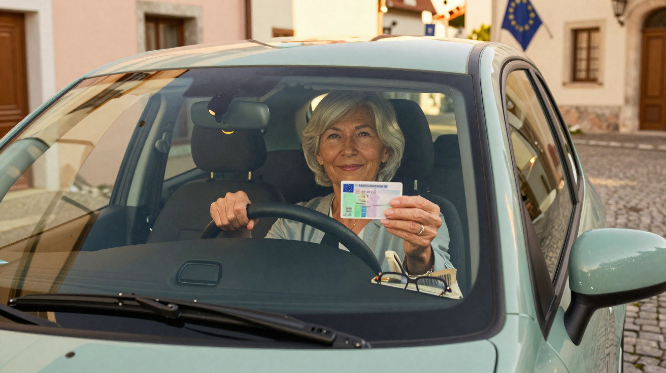 Ältere Frau sitzt im Auto und hält ihren Führerschein in die Kamera, mit Häusern im Hintergrund.