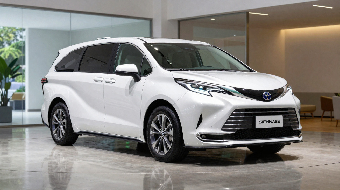 Weißer Toyota Sienna 2026 Minivan in modernem Showroom mit glänzendem Boden und Sitzbereichen im Hintergrund.