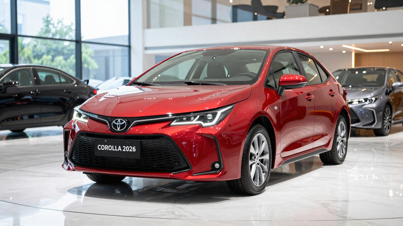 Roter Toyota Corolla 2026 in einem hellen Autohaus mit weiteren Fahrzeugen im Hintergrund.