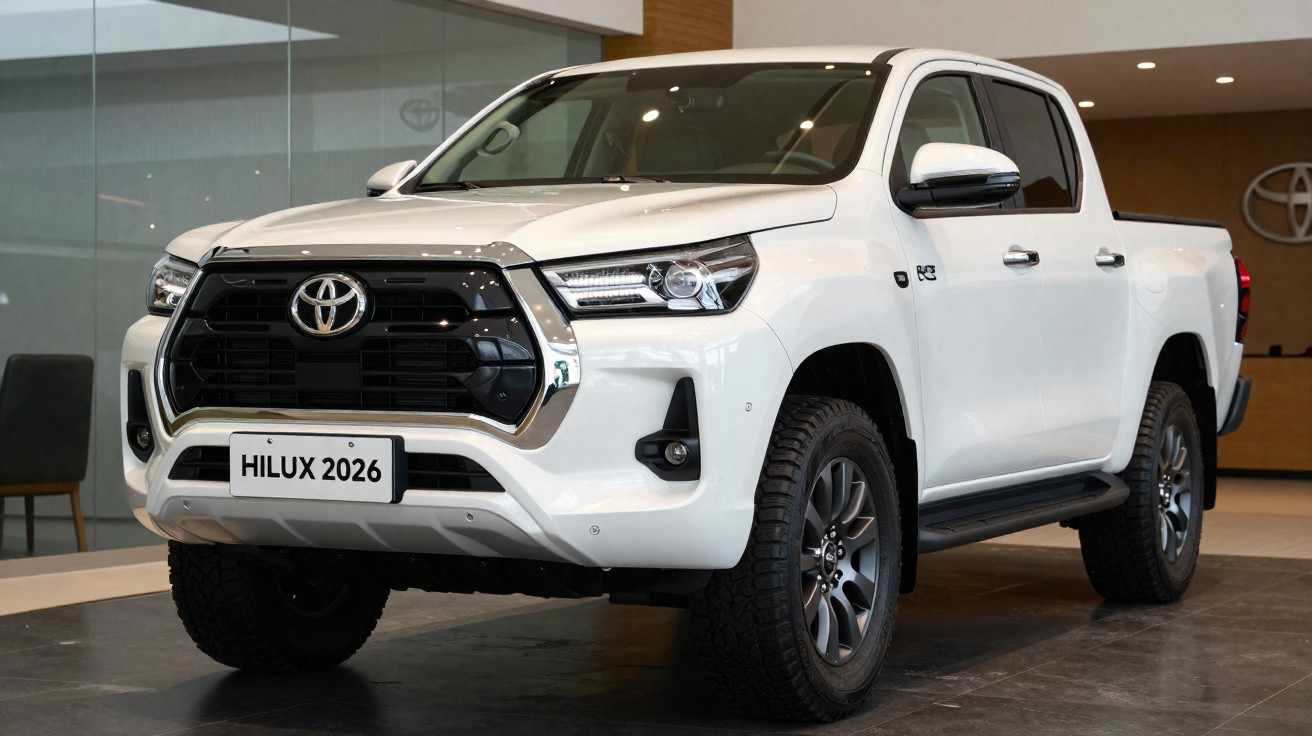 Weißer Toyota Hilux 2026 Pick-up im Ausstellungsraum, Front- und Seitenansicht.