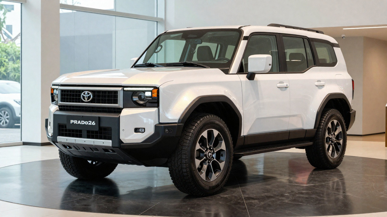 Weißer Toyota Prado 26 Geländewagen in moderner Ausstellung mit großen Fenstern im Hintergrund.