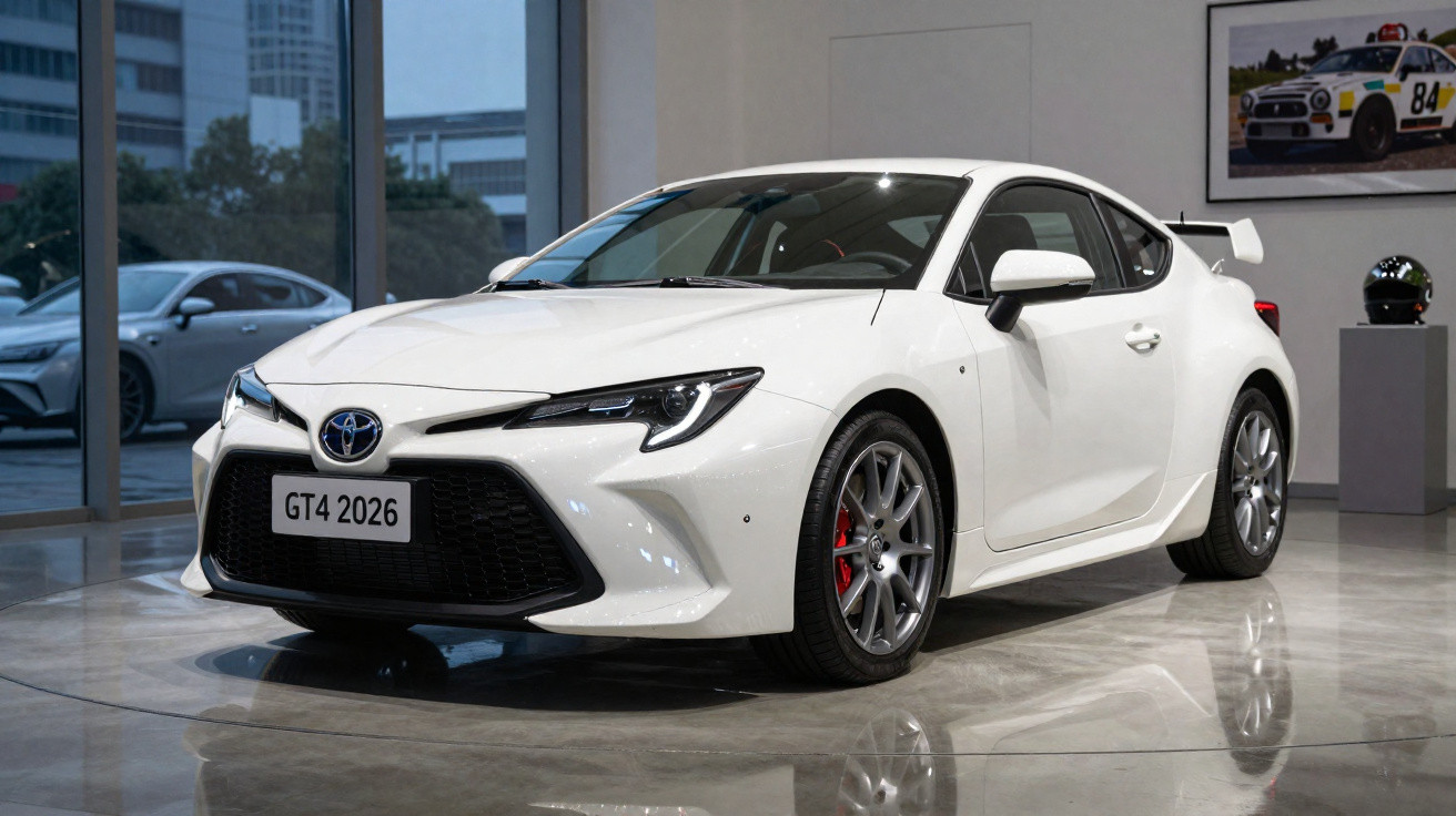 Weißer Toyota GT4 2026 Sportwagen in einem modernen Showroom auf glänzendem Boden.