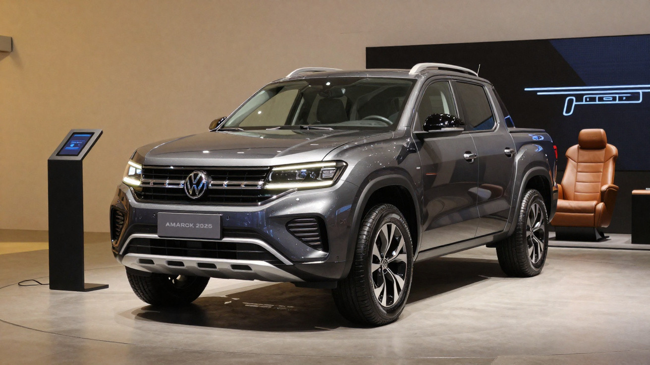 Grauer Volkswagen Amarok 2026 Pickup im Showroom mit moderner Beleuchtung und Ledersessel im Hintergrund.