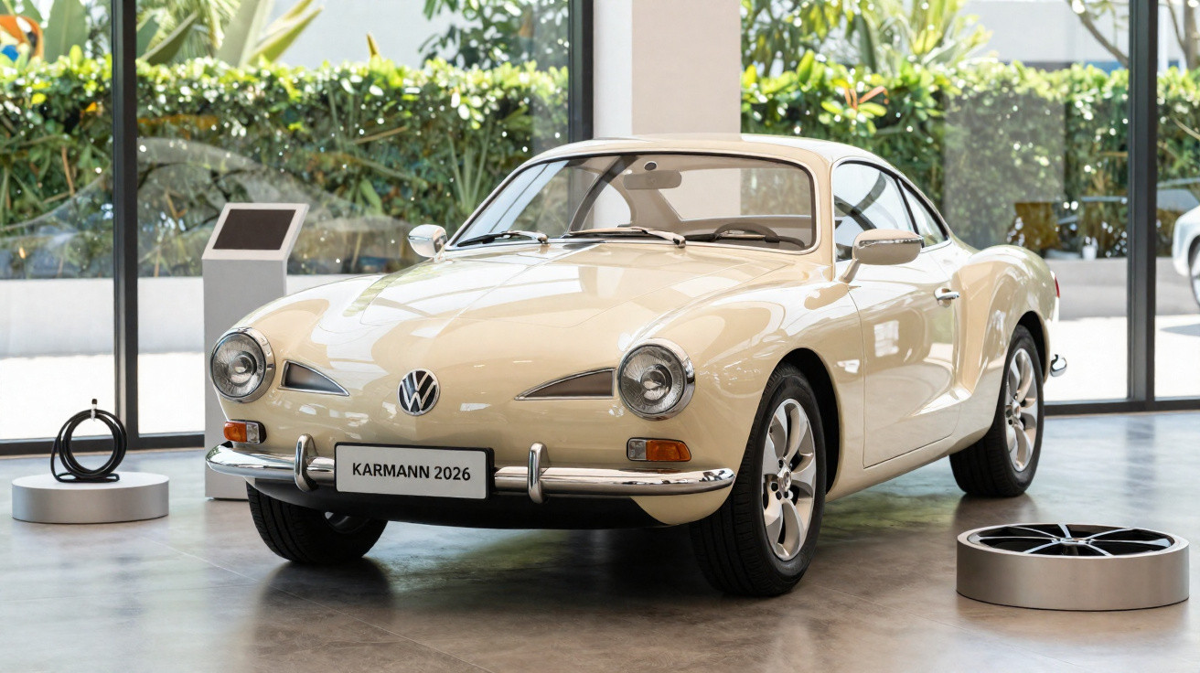 Beiger Volkswagen Karmann 2026 Oldtimer im Ausstellungsraum mit großen Fenstern und Pflanzen im Hintergrund.