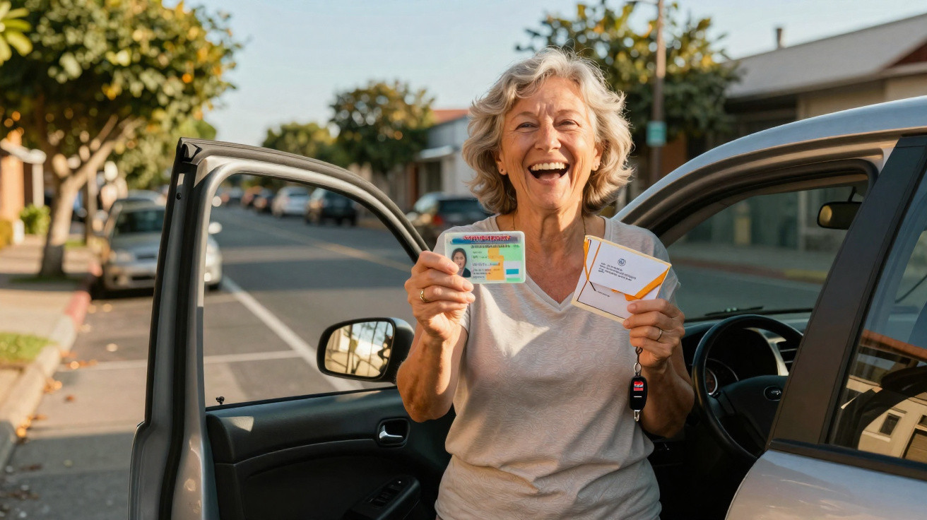 Glückliche ältere Frau zeigt Führerschein und Fahrzeugpapiere neben offenem Autotür auf Straße.