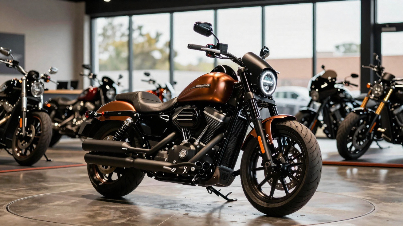 Braun-schwarzes Motorrad im Showroom mit mehreren Motorrädern im Hintergrund bei Tageslicht.