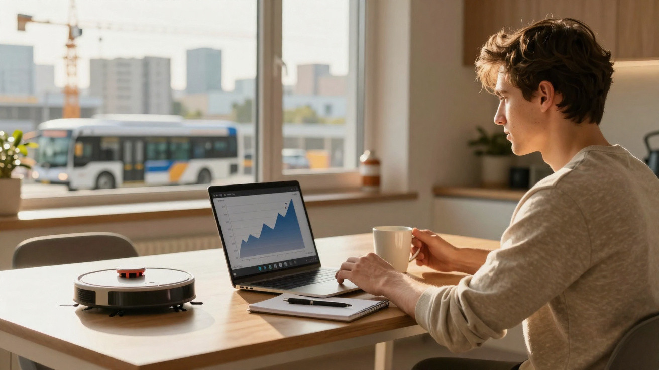 Junger Mann arbeitet am Laptop mit Aktien-Diagramm, trinkt Kaffee, Roboter-Staubsauger auf dem Tisch, Bus vor Fenster.