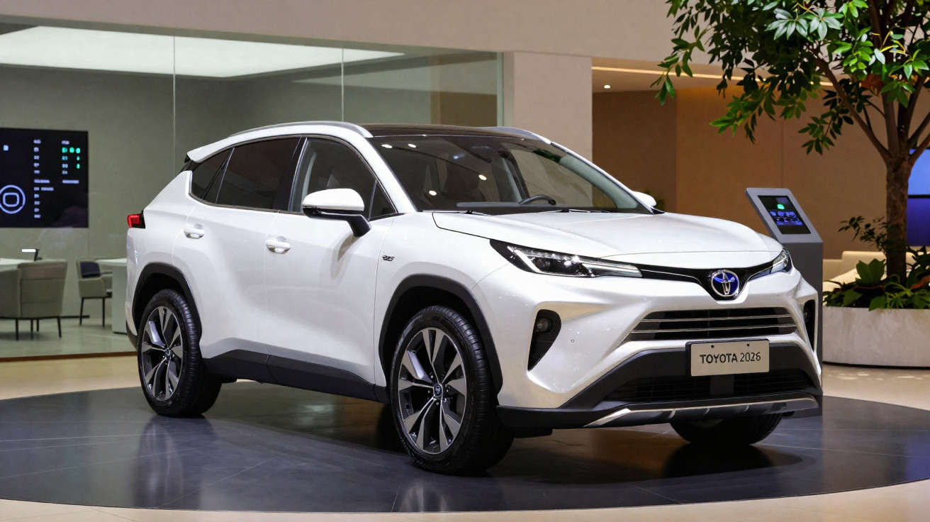 Weißer Toyota SUV 2026 in moderner Ausstellungshalle mit großen Fensterflächen und Pflanzen im Hintergrund.
