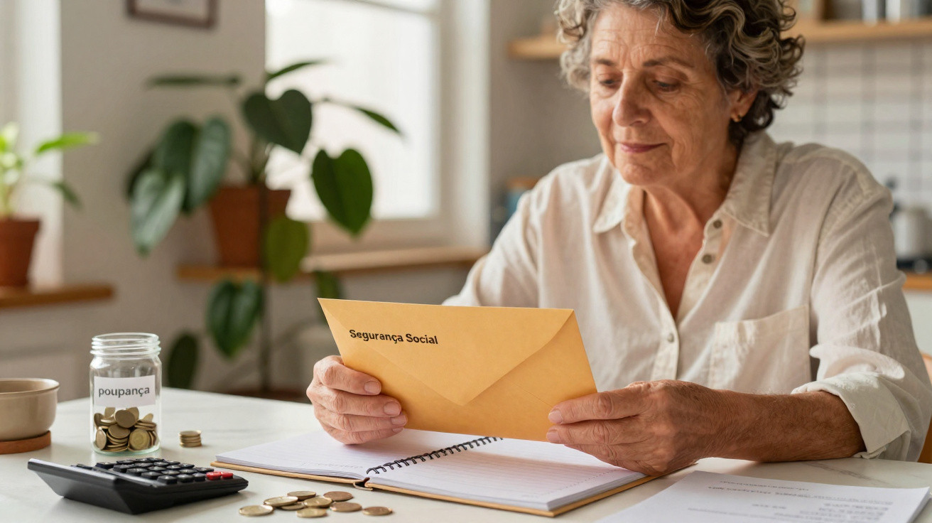 Ältere Frau liest Brief mit Aufschrift "Segurança Social" am Tisch mit Sparglas, Taschenrechner und Münzen.