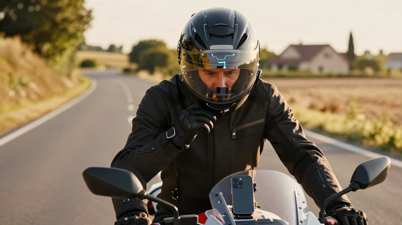 Motorradfahrer mit schwarzem Helm und Jacke überprüft sein Kommunikationsgerät auf einem Landstraßenmotorrad.