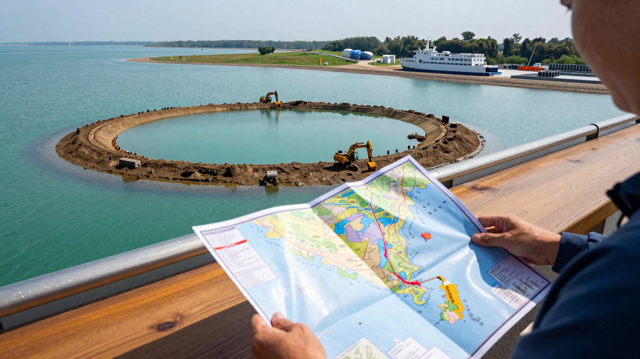 Baustelle mit zwei Baggern, die einen runden Damm im Wasser errichten, Person hält eine Landkarte.