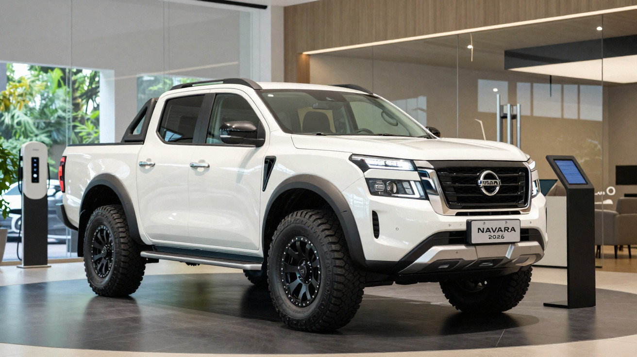 Weißer Nissan Navara 2024 Pickup mit robustem Design in moderner Ausstellungshalle.