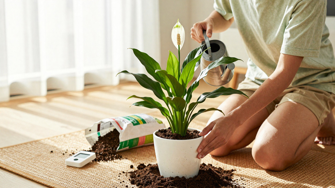 Person gießt Zimmerpflanze in weißem Topf, auf Teppich mit Blumenerde und Erde verstreut.