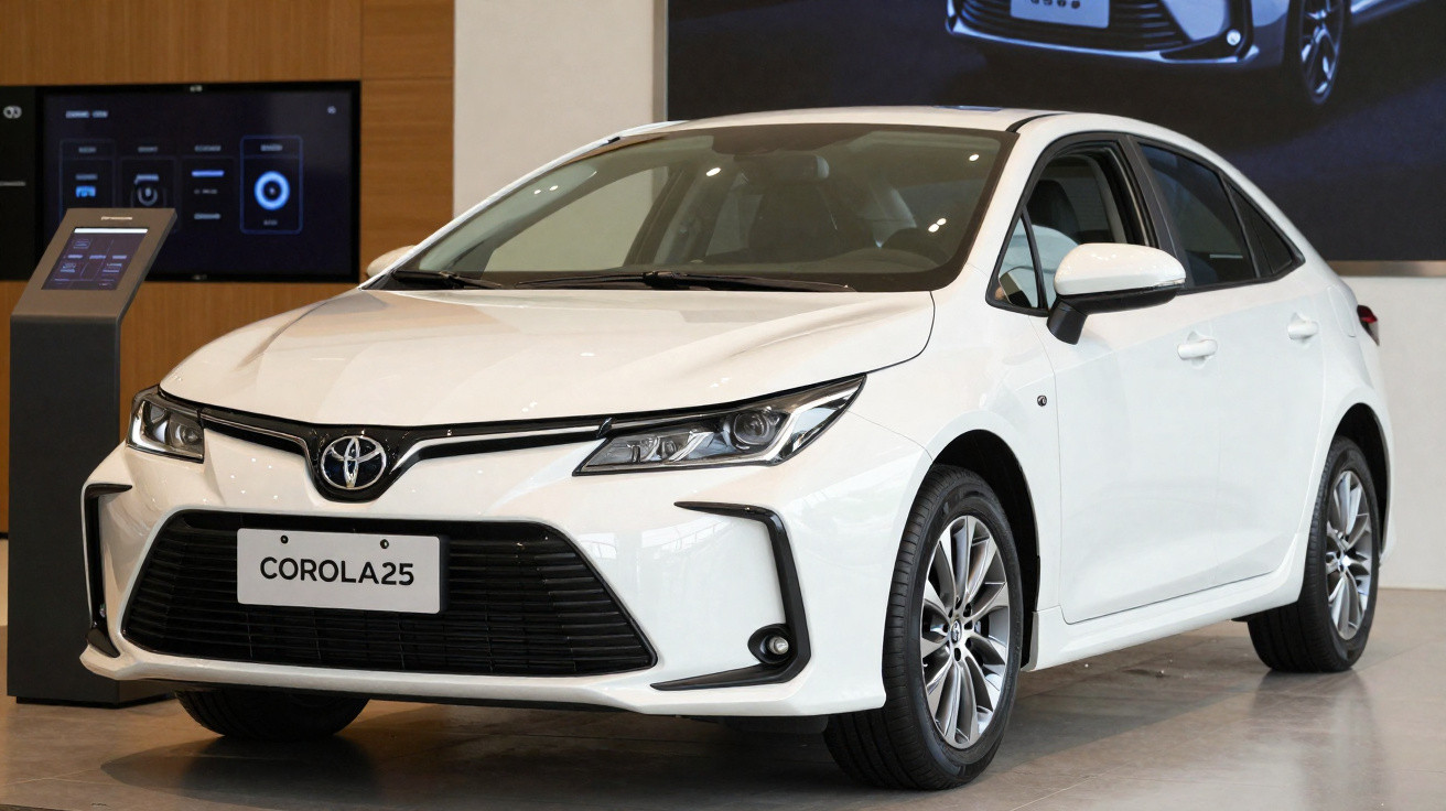 Weißer Toyota Corolla 25 in einem modernen Autohaus mit digitalem Informationsdisplay im Hintergrund.