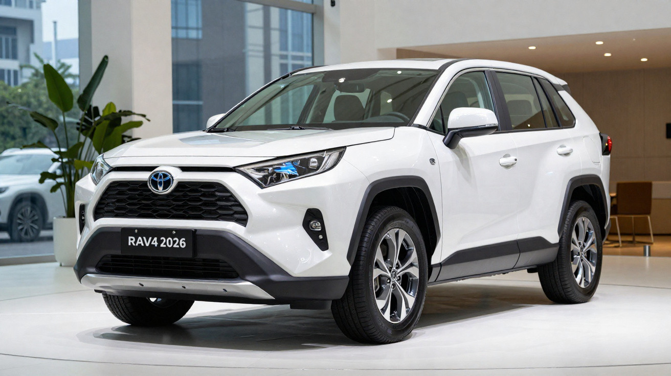 Weißer Toyota RAV4 SUV Modell 2026 in einem modernen Ausstellungsraum.