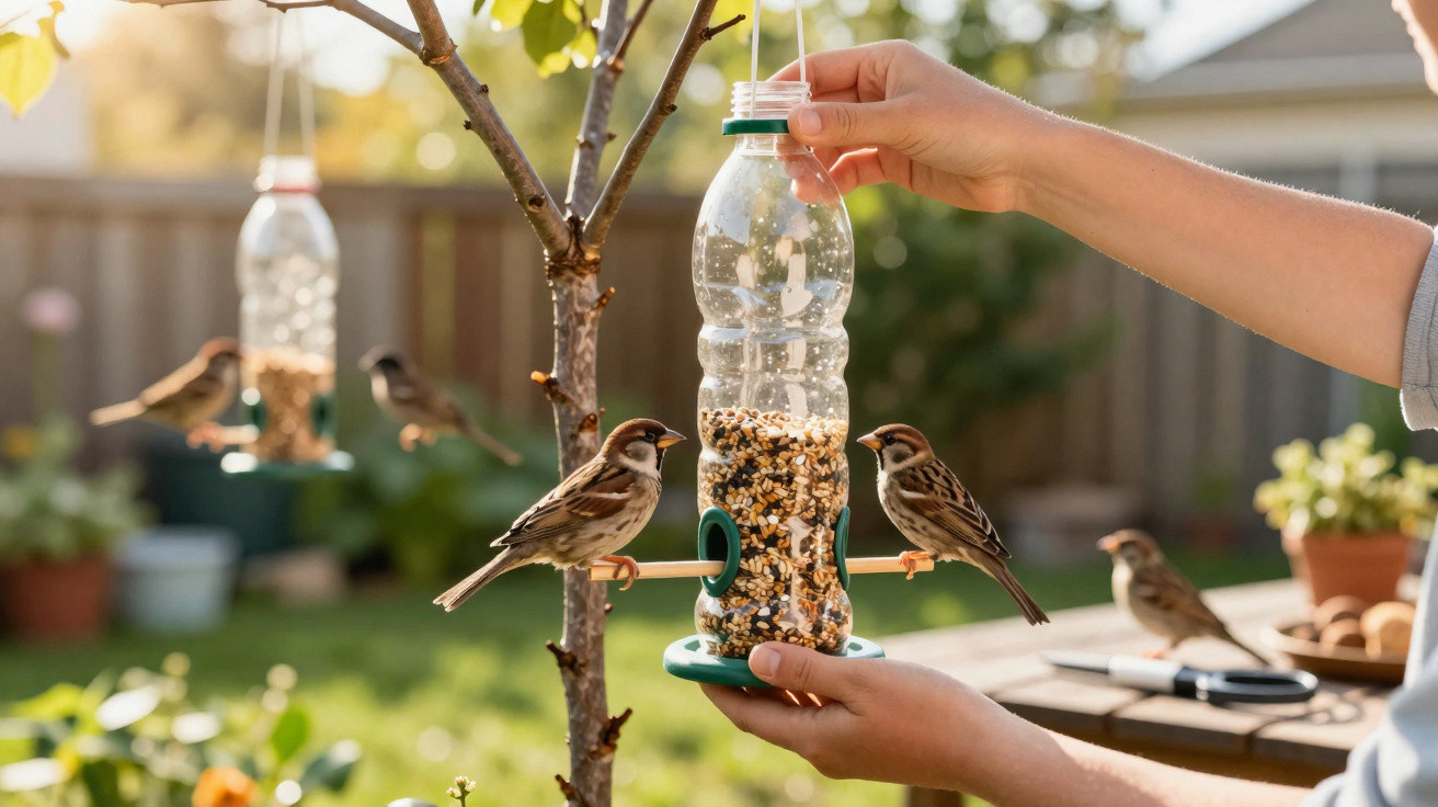 Hand hält selbstgemachten Vogelfutterspender aus Plastikflasche mit Spatzen im sonnigen Garten.