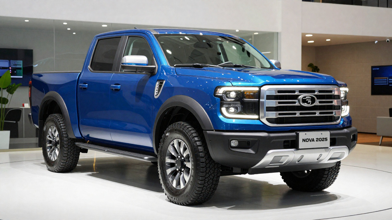Blauer Geländewagen-Pickup mit großer Frontpartie und Offroad-Reifen auf Ausstellung.