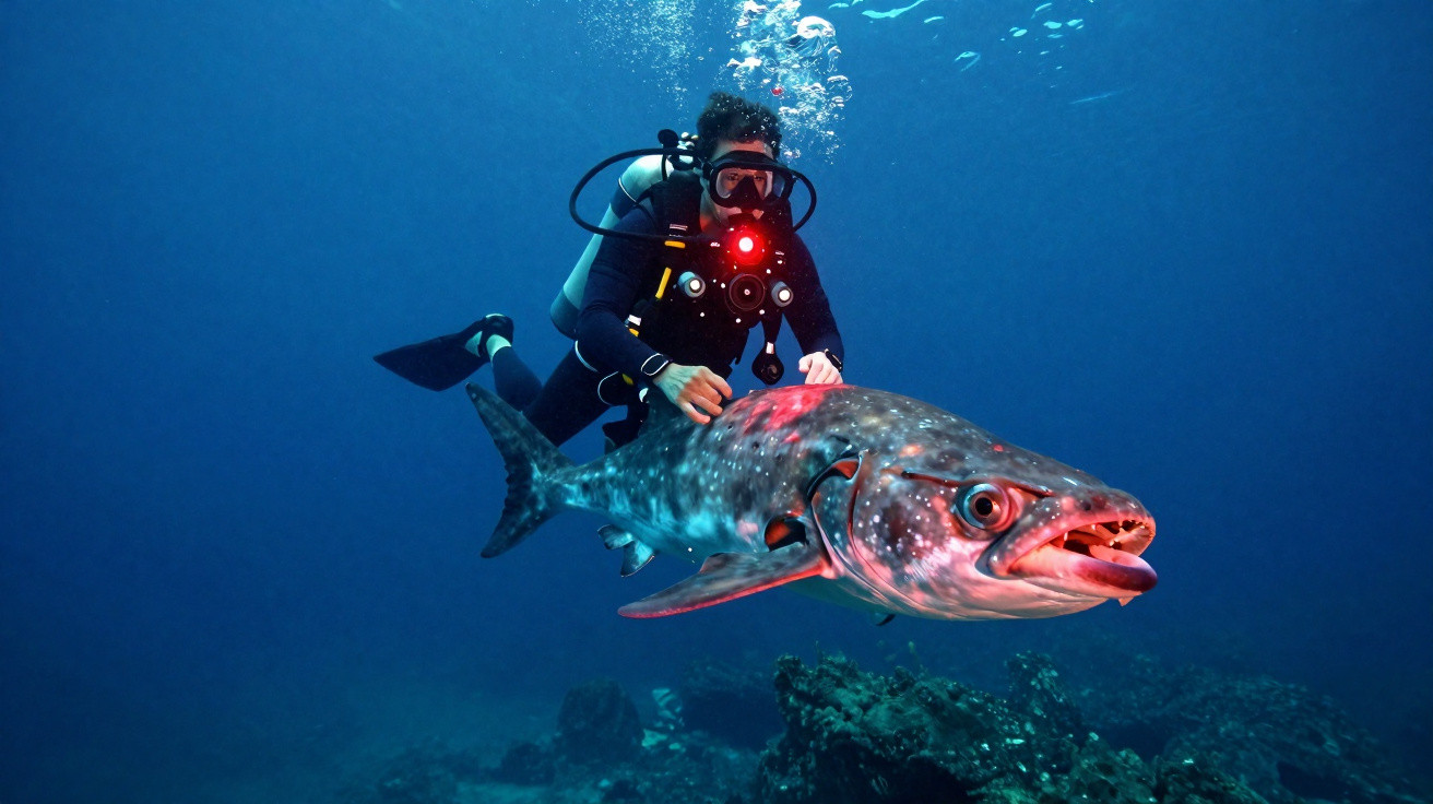 Taucher mit Unterwasser-Licht neben großem Fisch in klarem Blauwasser über Korallenriff.
