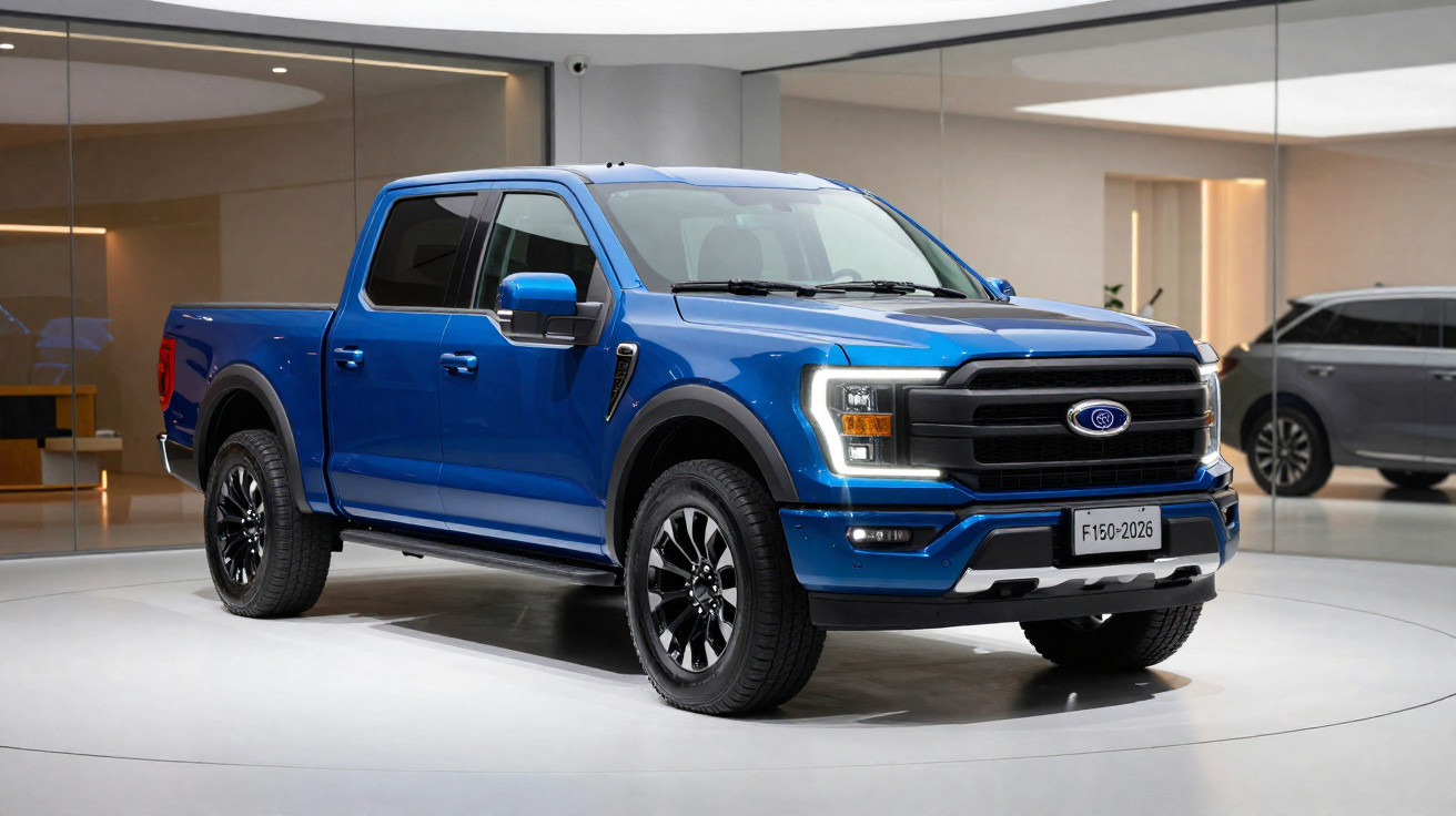 Blauer Ford F-150 Pick-up-Truck, Front-Seitenansicht in moderner Ausstellungsumgebung.