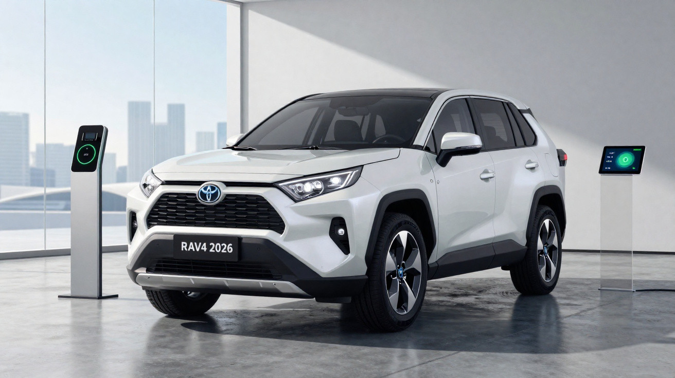 Weißer Toyota RAV4 2026 Elektroauto lädt an einer Ladestation in modernem Raum mit großen Fenstern.
