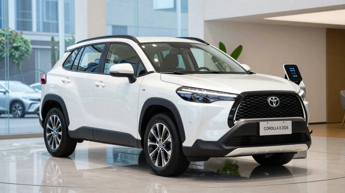 Weißer Toyota Corolla Cross 2026 Elektro-SUV in Innenraum mit Ladestation, Seitenansicht.
