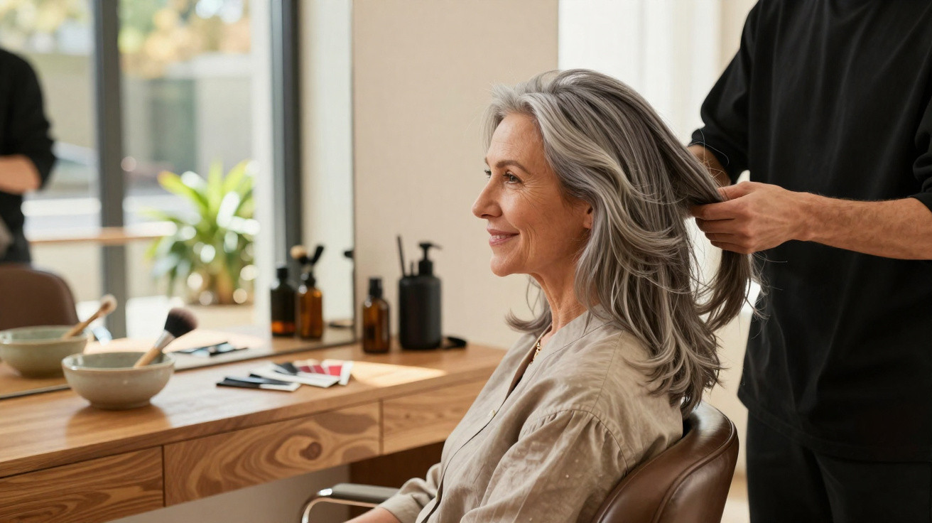 Ältere Frau mit grauem Haar lächelt, während Friseur ihr Haar in modernem Salon stylt.