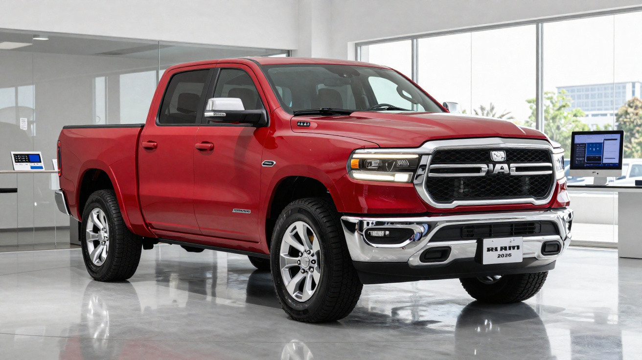 Roter RAM 2026 Pick-up Truck in hellem, modernem Showroom mit großen Fenstern und reflektierendem Boden.