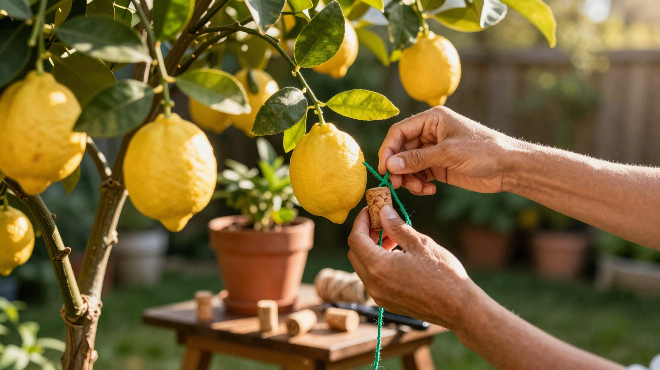 Hände befestigen Korken mit Faden an reifen Zitronen an einem Zitronenbaum im Garten bei Sonnenschein.