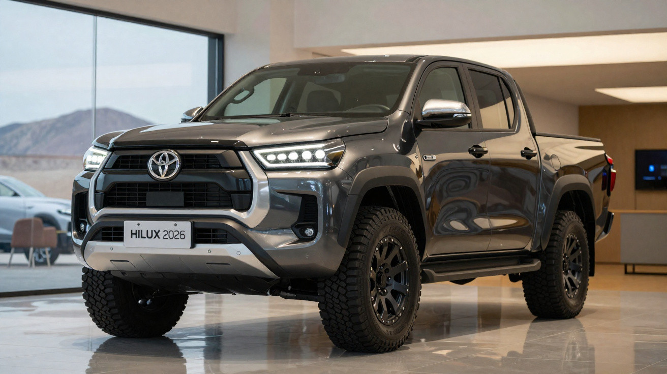Neuer grauer Toyota Hilux 2026 Pickup mit robusten Reifen in modernem Showroom, Innenansicht.