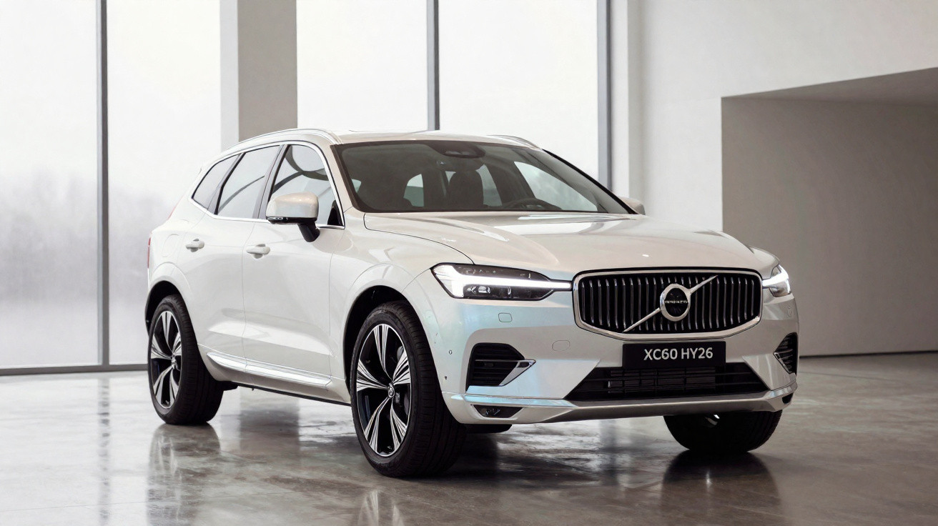Weißer Volvo XC60 SUV mit modernen Scheinwerfern in einem minimalistischen Showroom.