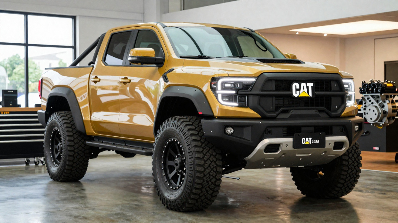 Gelber CAT 2023 Pickup mit großen Reifen in moderner Garage, frontal und seitlich aufgenommen.