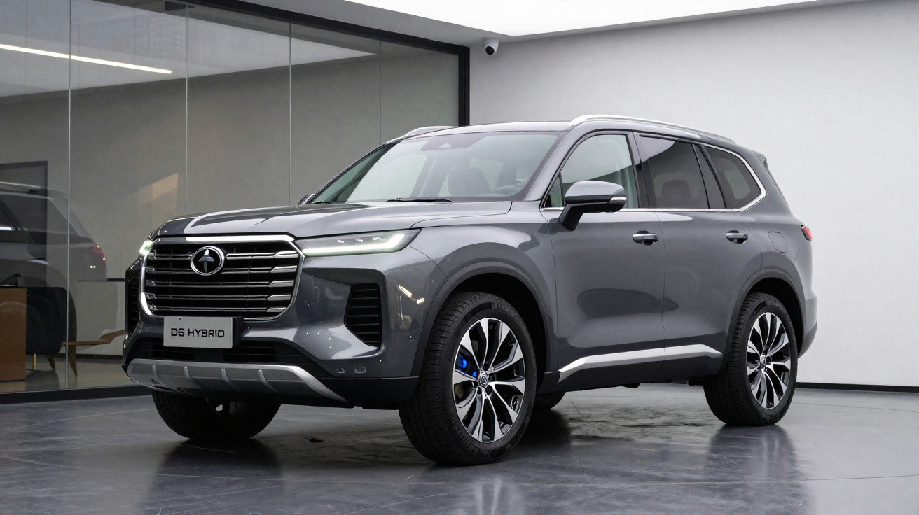 Grau-metallic SUV mit großem Kühlergrill und Hybrid-Antrieb in modernem Innenraum auf glänzendem Boden.