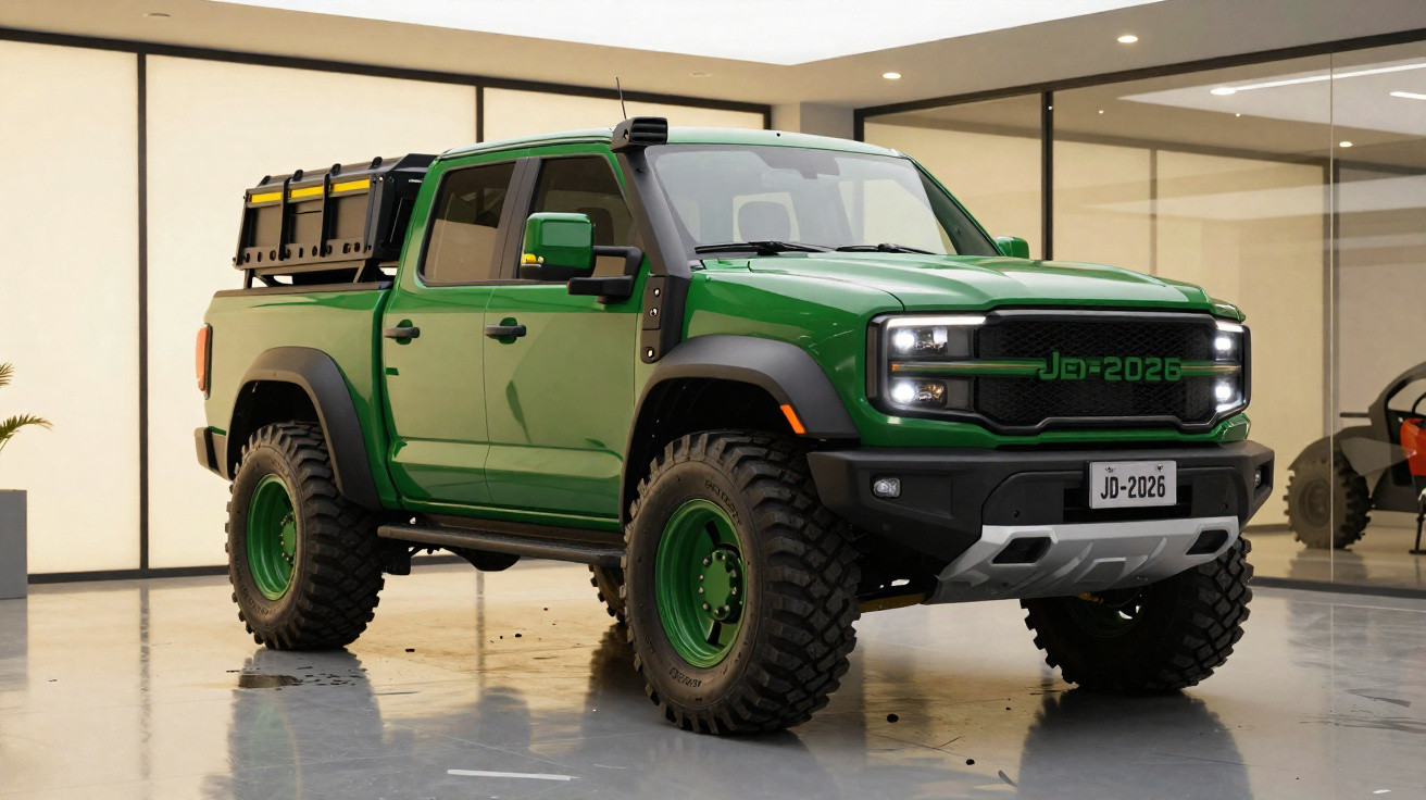 Grüner elektrischer Pickup-Truck mit Offroad-Reifen in moderner Garage stehend, Typ JD-2026.