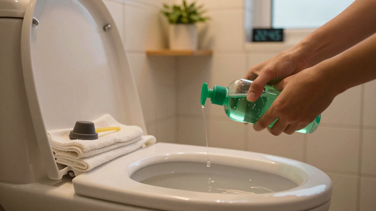 Person gießt grünes Reinigungsmittel in eine offene Toilette im Badezimmer.