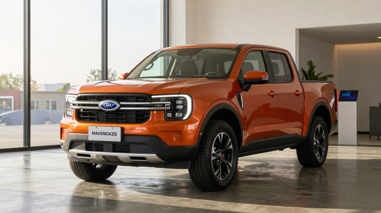 Oranger Ford Maverick 2025 Pickup in modernem, hellem Ausstellungsraum mit großen Glasfenstern.