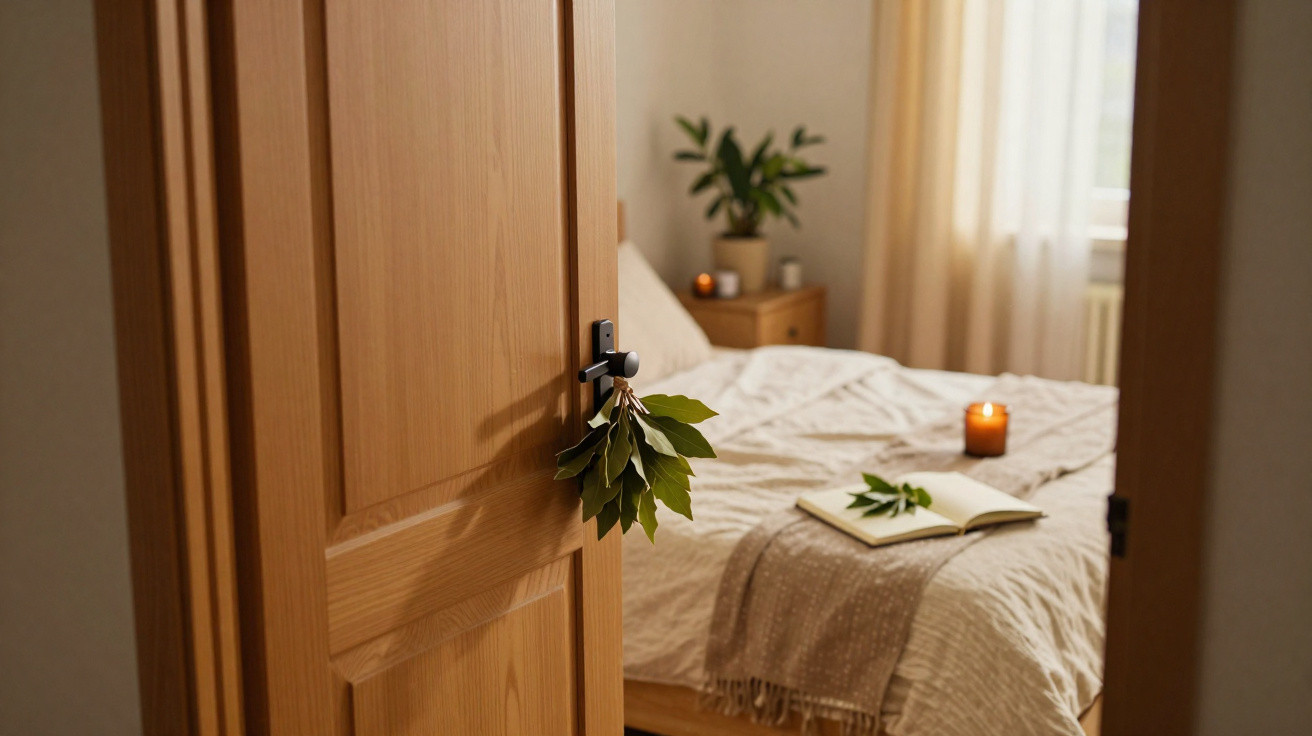 Offenes Holztür mit Lorbeerzweig am Griff, Blick ins Schlafzimmer mit Bett, Buch und brennender Kerze.