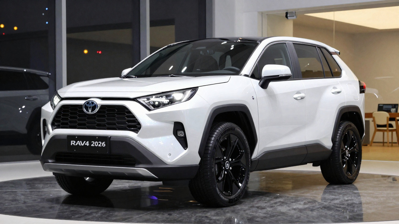 Weißer Toyota RAV4 2026 SUV mit schwarzen Felgen in moderner Ausstellungshalle.